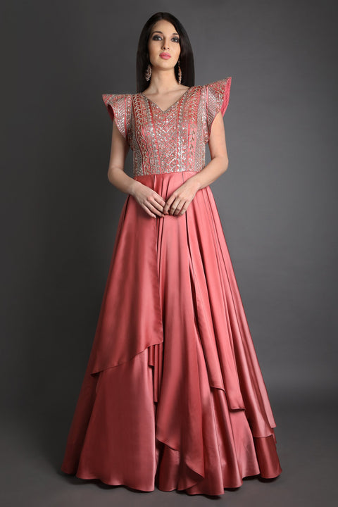 Blush pink textured cap sleeves layered gown.