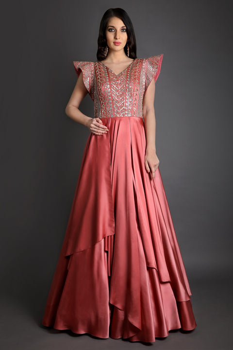 Blush pink textured cap sleeves layered gown.