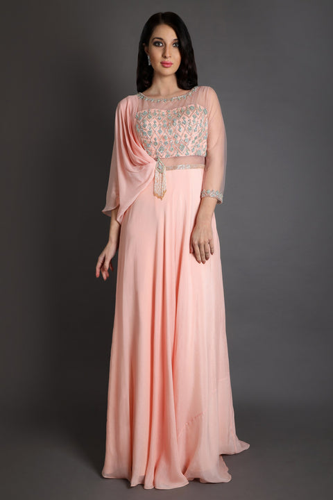 Peach one side drape gown.