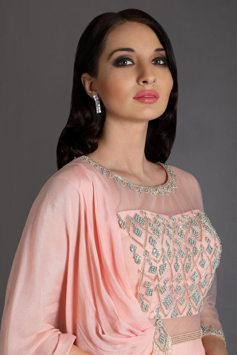 Peach one side drape gown.