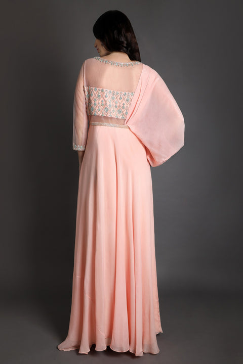 Peach one side drape gown.