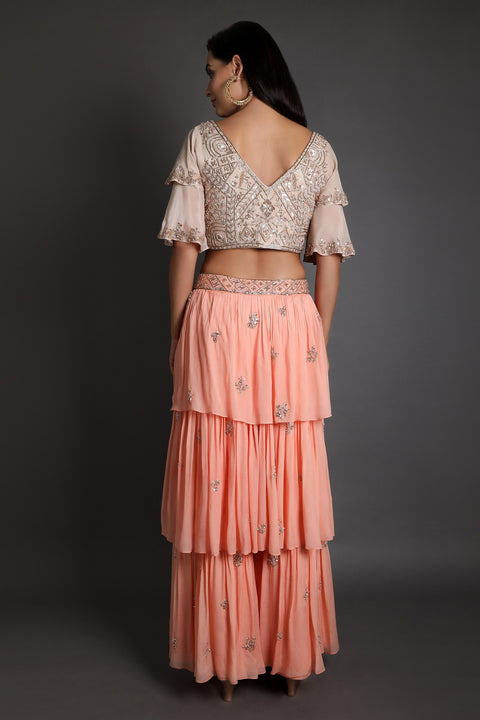 Peach layered gharara with crop top.