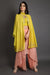 Olive green with baby pink cape jacket with crop top and overlap dhoti.