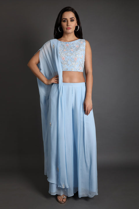 Powder blue one side flare crop top set.