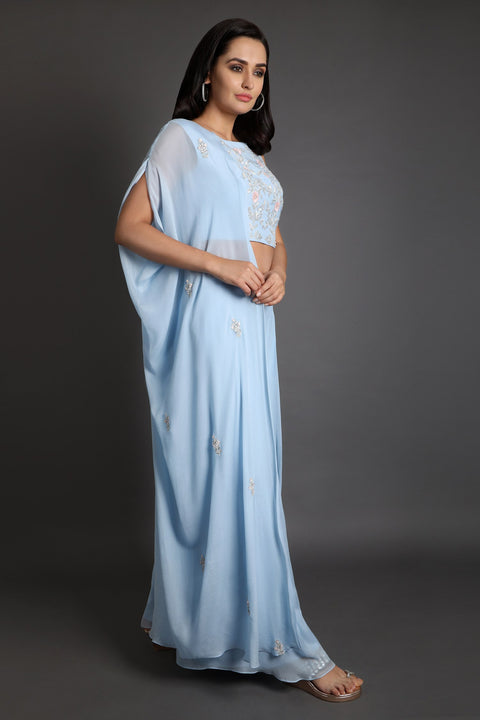 Powder blue one side flare crop top set.