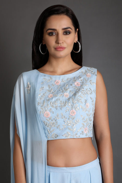 Powder blue one side flare crop top set.