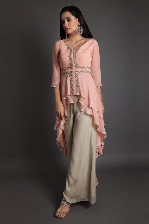 Peach with oyster double layered high low tunic set.
