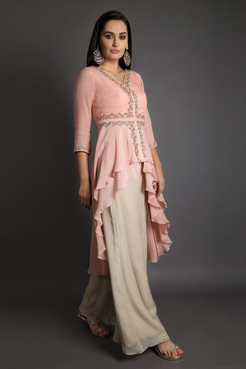Peach with oyster double layered high low tunic set.