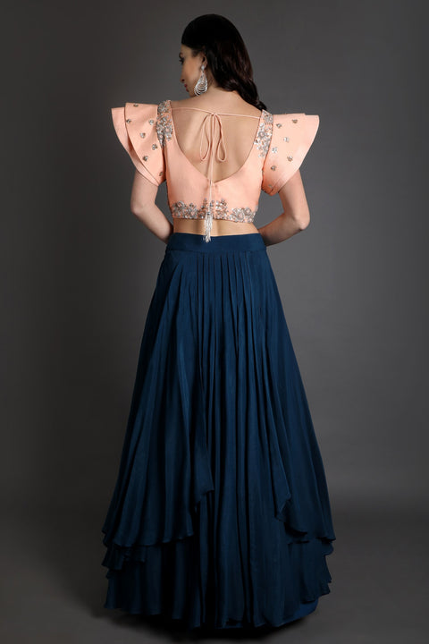 Teal skirt and cap sleeves crop top set.