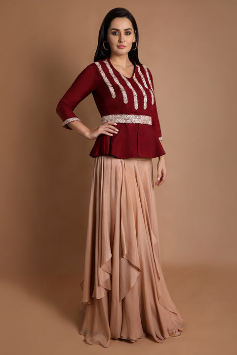 Maroon with beige peplum style top with layered skirt set.