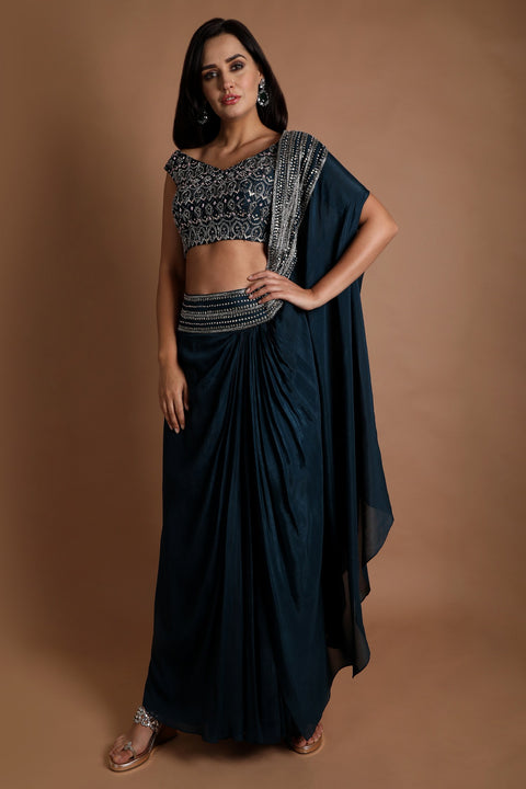 Deep teal embroidered concept saree.