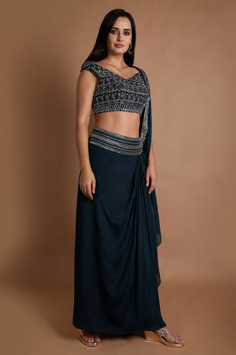 Deep teal embroidered concept saree.