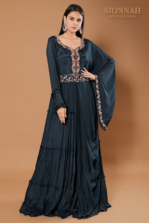 Deep teal Flared sleeves rushed gown.