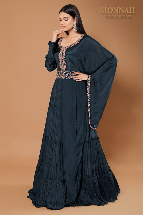 Deep teal Flared sleeves rushed gown.