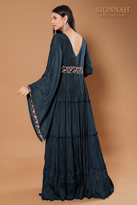 Deep teal Flared sleeves rushed gown.