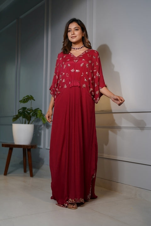 Cherry red crepe kaftan dress.