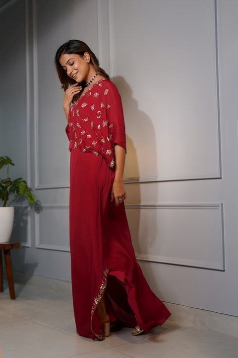 Cherry red crepe kaftan dress.