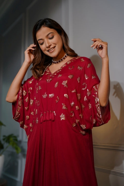 Cherry red crepe kaftan dress.