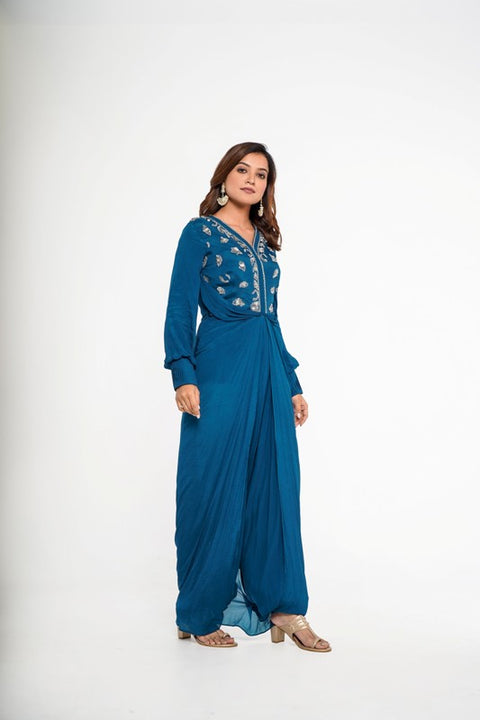 Teal Crepe Jumpsuit with atched overlap panel.