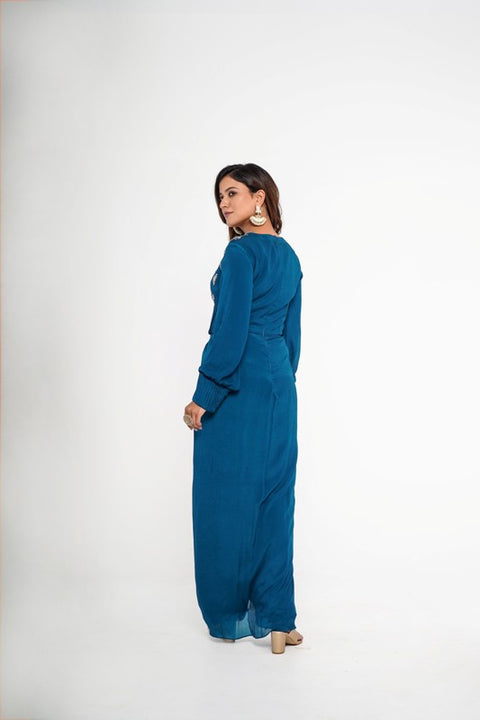 Teal Crepe Jumpsuit with atched overlap panel.