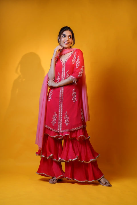 Hot pink straight tunic with layered palazzo set.