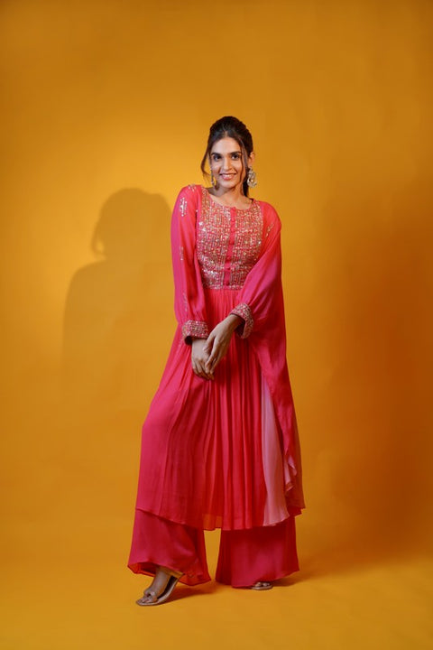 Hot pink fit and flare tunic with one side flared cuffs sleeves with palazzo set.
