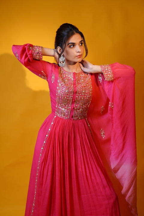 Hot pink fit and flare tunic with one side flared cuffs sleeves with palazzo set.