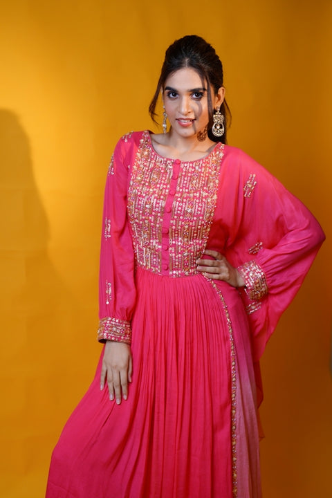 Hot pink fit and flare tunic with one side flared cuffs sleeves with palazzo set.