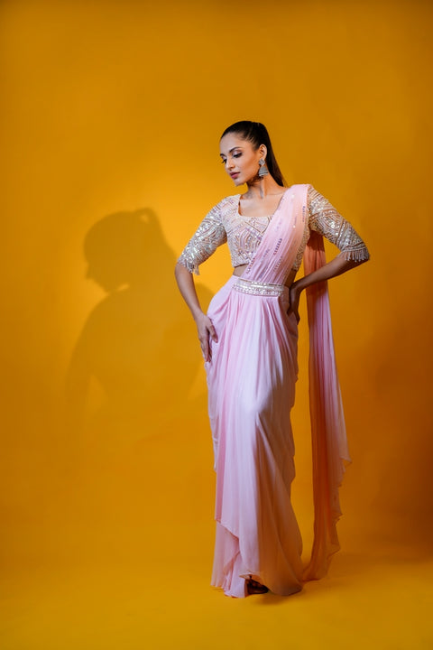 Baby pink draped concept saree.