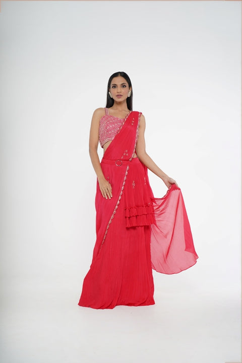 Red gathered concept saree with crop top. (Copy)