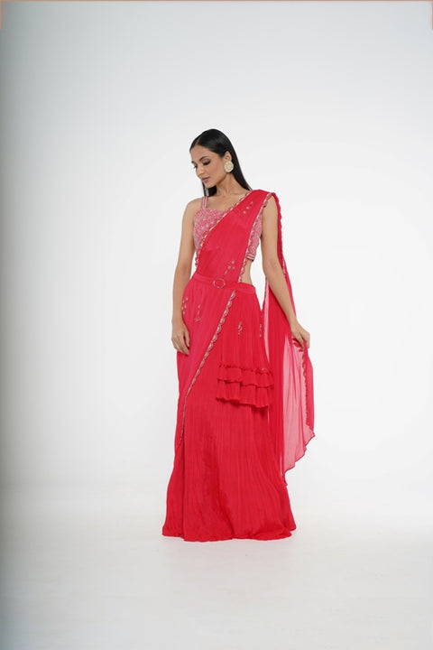 Red gathered concept saree with crop top. (Copy)