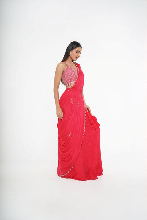 Red gathered concept saree with crop top. (Copy)