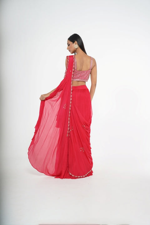 Red gathered concept saree with crop top. (Copy)