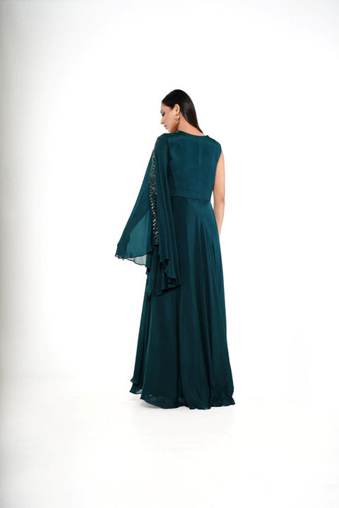 Emerald double layered flared gown with belt.