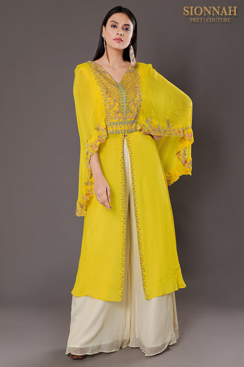 Bright yellow cape style front slit kurta with pallazo.