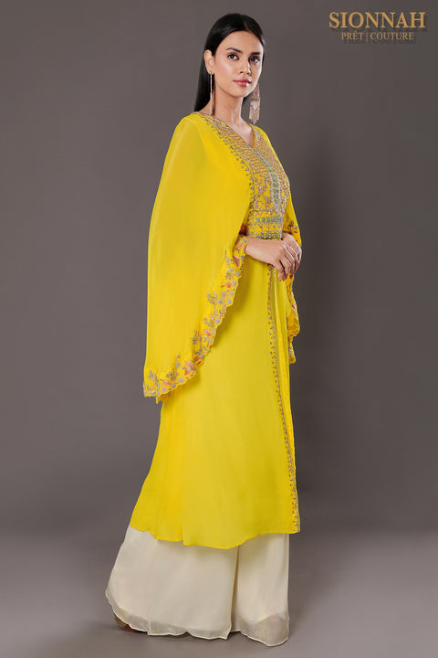 Bright yellow cape style front slit kurta with pallazo.