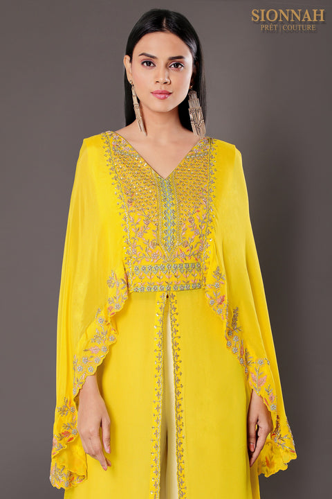 Bright yellow cape style front slit kurta with pallazo.