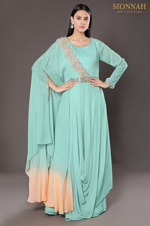 Aqua draped tunic and pallazo.