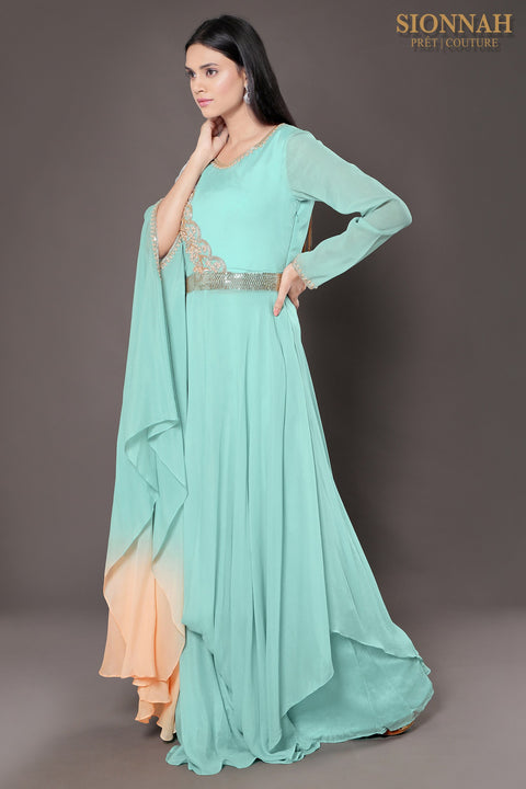 Aqua draped tunic and pallazo.