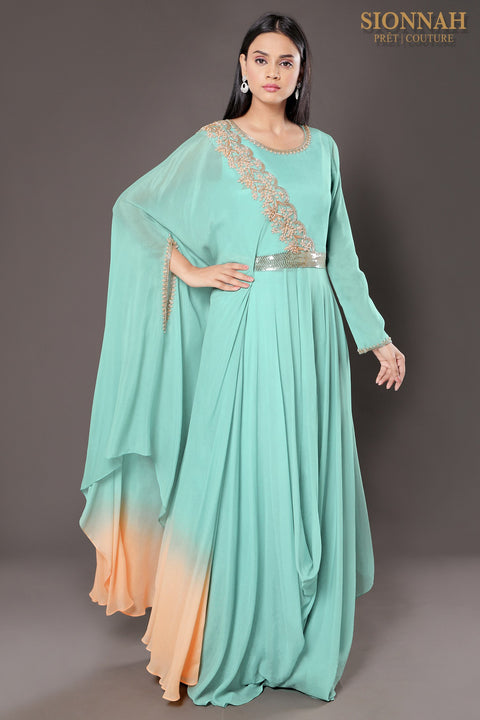 Aqua draped tunic and pallazo.