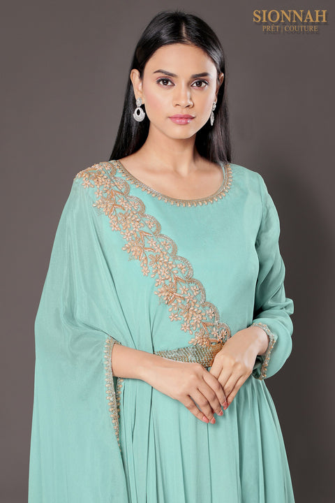 Aqua draped tunic and pallazo.