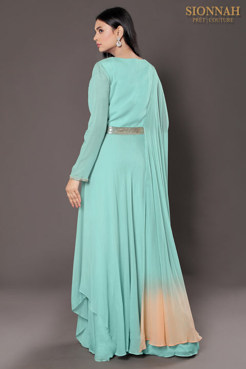 Aqua draped tunic and pallazo.