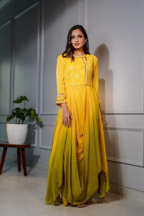 Mustard textured fabric and crepe shaded tunic with palazzo set.