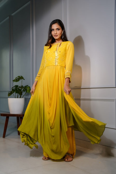 Mustard textured fabric and crepe shaded tunic with palazzo set.