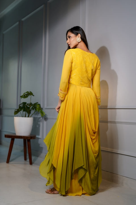 Mustard textured fabric and crepe shaded tunic with palazzo set.