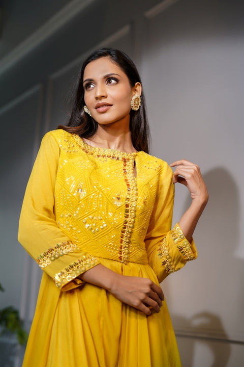 Mustard textured fabric and crepe shaded tunic with palazzo set.