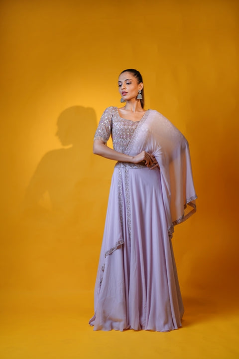 Lavender double layered skirt and crop top with drape set.
