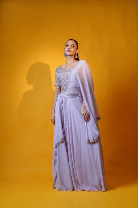 Lavender double layered skirt and crop top with drape set.