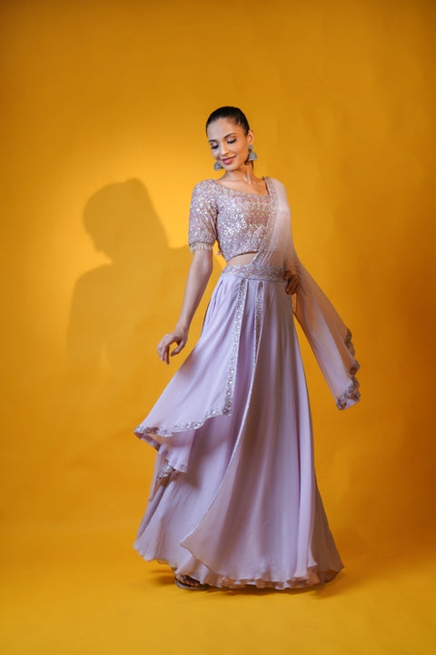 Lavender double layered skirt and crop top with drape set.