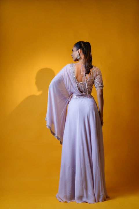 Lavender double layered skirt and crop top with drape set.